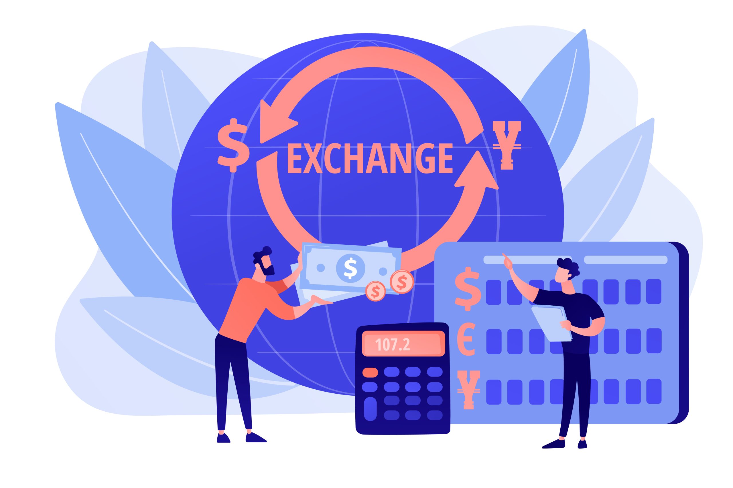 Money exchange. Bank operation. Finance services. Financial market. Currency exchange, foreign currency market, currency exchange point concept. Pink coral blue vector isolated illustration
